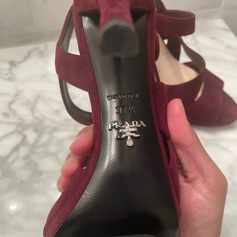 Prada Suede Plum Asymmetrical Triple Strap Platform Sandal - Picture 7 of 8